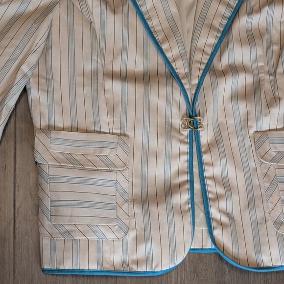 Express, Fitted Pinstriped Blazer, Light Beige w Teal, Hook Closure, Sz 12 - Picture 7 of 11